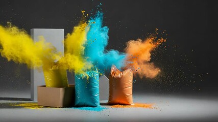 Wall Mural - exploding vivid colors three powder filled bags on gray background studio shot
