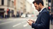 © shawn - A businessman in a suit using a tablet on a city street, focused.