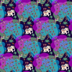 Wall Mural - Cute cartoon elephants, monkeys, tropical butterflies, flowers and colorful trees on a black background seamless pattern. Fairytale print for children's fabric. Bed linen, curtains.