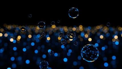 Wall Mural - Floating Soap Bubbles with Blue and Gold Bokeh Lights on Black Background Abstract
