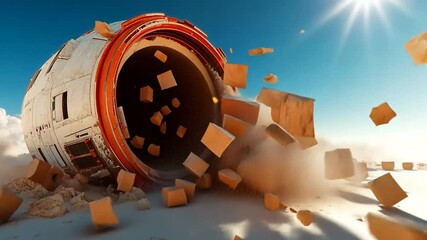 Wall Mural - abstract rendering of a fragmented geometric structure amidst a surreal landscape featuring falling 
