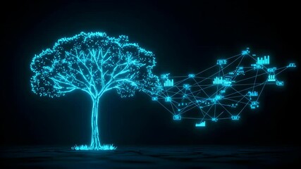 Wall Mural - glowing blue digital tree with data connections on a dark background symbolizing growth and technolo