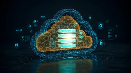 Canvas Print - glowing blue digital cloud with three tiered database server and cyber security icons in a modern da