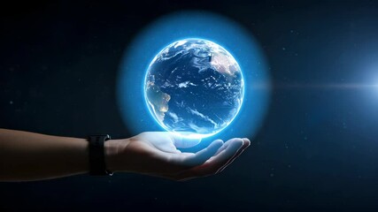 Wall Mural - glowing globe in hand with starlight on black background displays modern technology and global conne