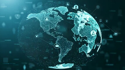 Wall Mural - glowing blue earth hologram with global digital network connection on dark background
