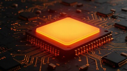 Canvas Print - glowing orange cpu microchip on dark circuit board electronic system concept