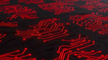 Canvas Print - glowing red circuit board lines on black surface detailed tech network close up