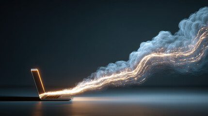 Wall Mural - glowing laptop emits stream of light and smoke, symbolizing creativity and innovation in technology