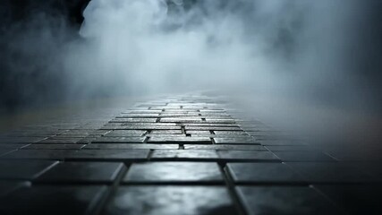 Wall Mural - A mysterious path of grey bricks leads into a hazy atmosphere dark background with dense fog creating a surreal and atmospheric scene
