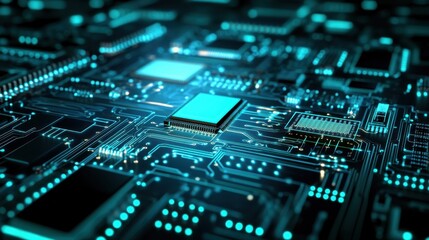 Wall Mural - macro detail of a computer circuit board with vibrant blue elements