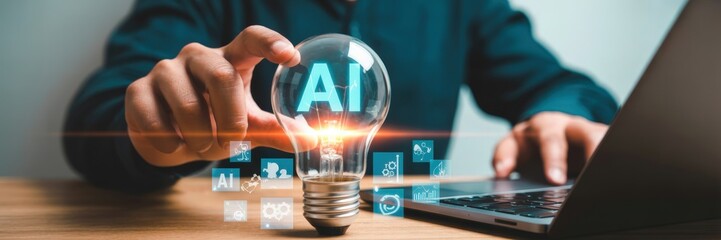 Person holding a lightbulb with AI displayed, concept of innovation and technology.
