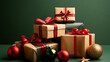 © BgStudio98 - Stack of christmas presents with red ribbons and ornaments against a green background celebration holiday festive season gift giving