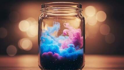 Wall Mural - Color Swirls in Jar on Table, Light Bokeh Background. Dreamy art, DIY decor, therapy