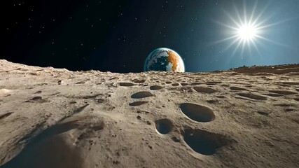 Wall Mural - view from the moon surface earth rising with bright sun illustration above. moon surface with crater