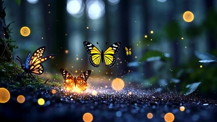 Wall Mural - magical forest scene featuring several butterflies illuminated with glowing particles. butterflies o
