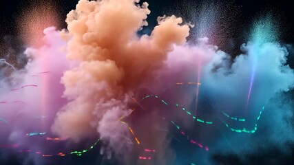 Wall Mural - abstract video featuring colorful swirling powder explosions with linear light trails against dark b