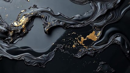 Wall Mural - Abstract fluid art with black and gold colors. Swirls of liquid paint create a luxurious texture with metallic accents. Dark and glossy background with sparkling details