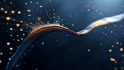 Wall Mural - Close-up abstract video of a swirling metallic ribbon with golden particles emanating against a dark blue background creating a sense of movement and energy