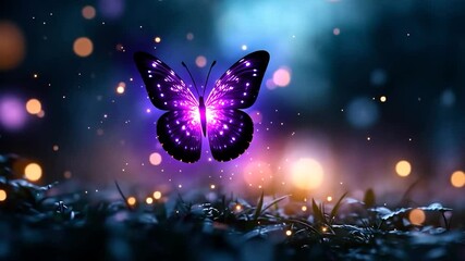 Wall Mural - a vibrant purple butterfly illuminated with sparkling dots hovers over lush green grass against a bl