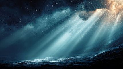 Wall Mural - Ocean waves under dark starry sky with sun rays breaking through the clouds abstract dark blue background illustrating calm waters and peaceful scenery ideal for digital wallpaper