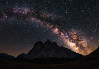 majestic milky way galaxy arching over a dramatic mountain range at night.