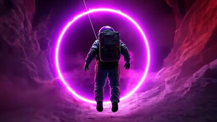 Wall Mural - astronaut floats before a vibrant neon circle inside a cavernous space dramatic lighting and a sense