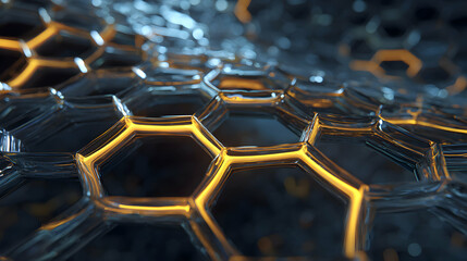 Futuristic honeycomb structure glowing warm light dark background technology and science design