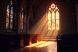 © Pornsuda - Sunlight streams through stained-glass windows in a serene chapel, illuminating dust motes dancing in the air A feeling of peace and contemplation pervades the sacred space , faith, structure