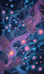 Wall Mural - ethereal network of interconnected nodes with glowing orbs and fluid lines abstract illustration