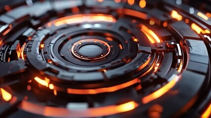 Wall Mural - abstract 3d animation of a futuristic circular mechanism with glowing orange lights and metallic tex