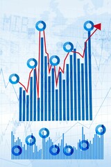 Wall Mural - Flat design blue bars and red line chart illustrating data with grid and world map outline