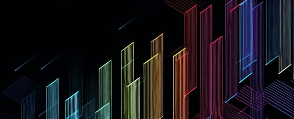 Wall Mural - banner with colorful gradient lines and geometric pattern background, on a dark black color, in a line art style, with simple shapes, thin lines, and a colorful grid Generative AI