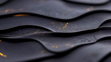 Wall Mural - Abstract wavy black shapes with textured surfaces and golden glitter accents creating a fluid design with depth and visual interest