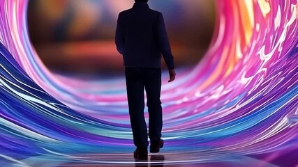 Wall Mural - man walking into a vibrant colorful tunnel abstract background of neon lights and glowing digital wa