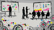 © Pixel Empire - Silhouetted figures attend a presentation with charts and graphs on screens and gears in the foreground