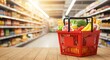 © Zohaibzahid  - Fresh Groceries in Red Shopping Basket on Wooden Table in Supermarket Aisle, food and eats online buying and delivery concept