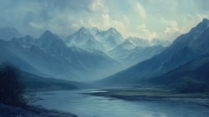  Majestic mountain range reflected in tranquil waters, a serene natural vista