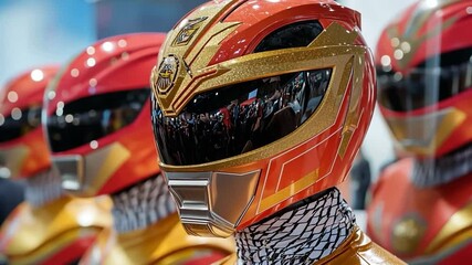 Wall Mural - close-up of multiple vibrant red and gold futuristic helmets in a row. each helmet features intricat