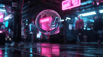 Wall Mural - Futuristic glowing transparent orb hovering in neon-lit urban environment with blurred figures reflecting in the surface showcasing a vibrant sci-fi atmosphere