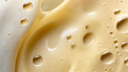 Wall Mural - close-up of textured beverage foam with bubbles and circular patterns macro detail. light brown crea