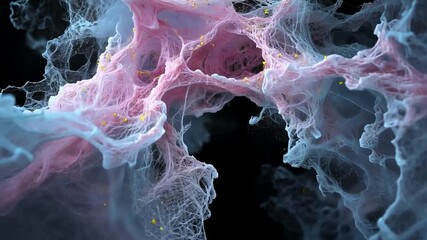 Wall Mural - abstract fluid forms in pink white and blue colors with small yellow dots on a black background repr