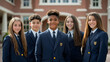 © anjum - Group of private school students stand outside in uniform in front of the school building. Created with