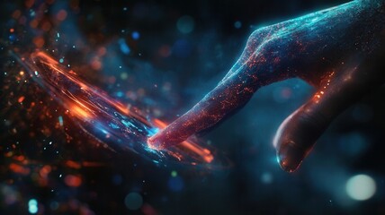 Wall Mural - hand interacts with interface, futuristic digital a navigating through cyberspace with glowing data 