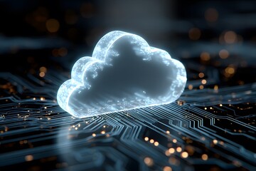 Wall Mural - 3D cloud with a digital circuit background, data center, and cloud technology concept. 