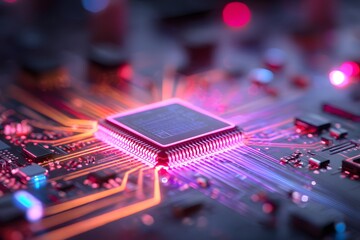 Wall Mural - a high-tech circuit board with glowing neon lights, featuring an advanced microchip in the center of
