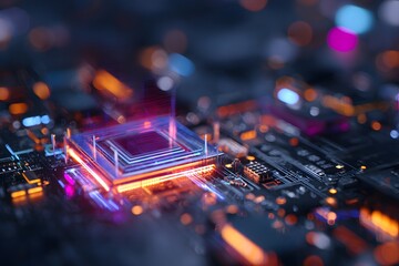 Wall Mural - a high-tech circuit board with glowing neon lights, featuring an advanced microchip in the center of