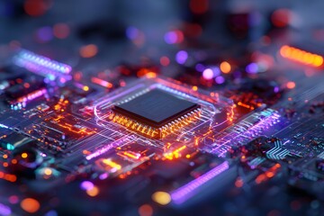 Wall Mural - a high-tech circuit board with glowing neon lights, featuring an advanced microchip in the center of