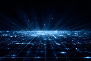 Wall Mural - abstract blue digital grid background with glowing light rays and mesh. digital technology concept f