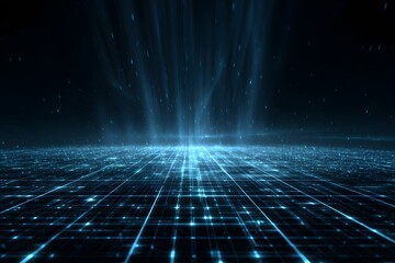 Wall Mural - abstract blue digital grid background with glowing light rays and mesh. digital technology concept f