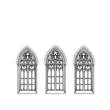 Gothic Arch Windows: A set of three elegant line art illustrations showcases detailed Gothic arch windows, perfect for architectural design or historical illustrations.